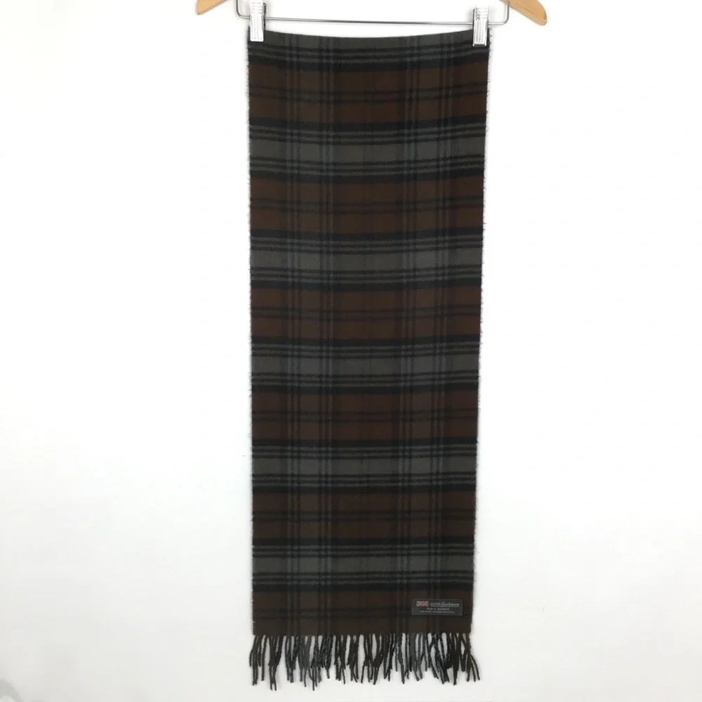 100% Cashmere Made in Scotland Chocolate Brown Latte Plaid Fringe Scarf Unisex